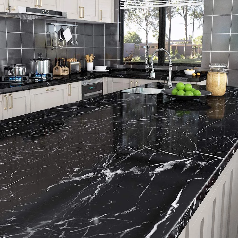 (Pack of 5) Self Adhesive Black Marble Sheet for Kitchen / Waterproof Anti Oil & Heat Resistant Wallpaper Sheet (2 Feet x 6.5 feet)