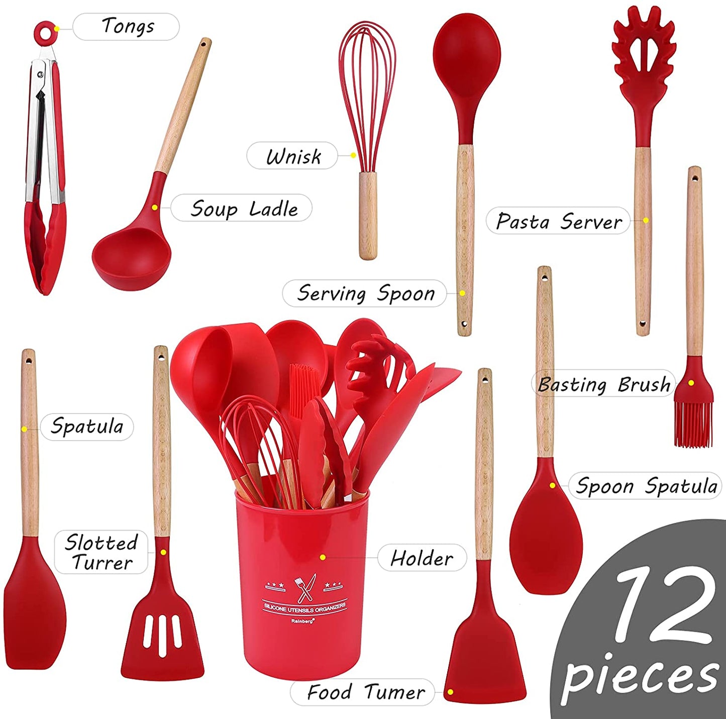 silicone spatula set with wooden handle 12pcs Original Size