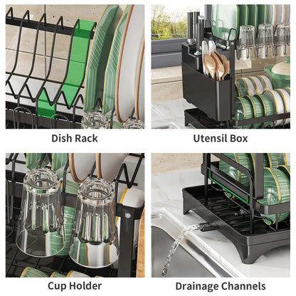 2-Tier Dish Drying Rack with Utensil Holder – Kitchen Counter Organizer